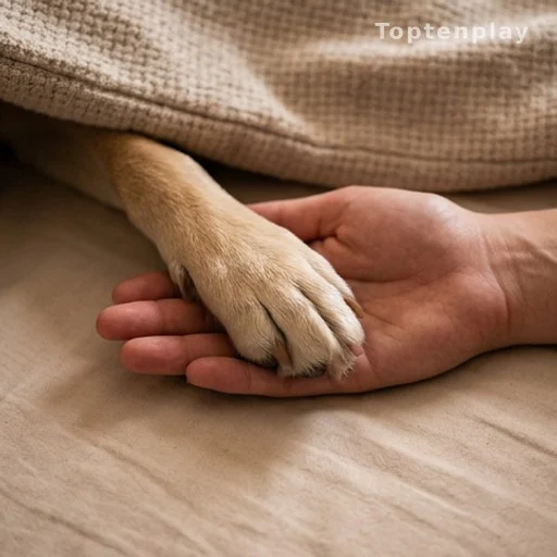 Patte de chien posée contre une main humaine sous une couverture chaude