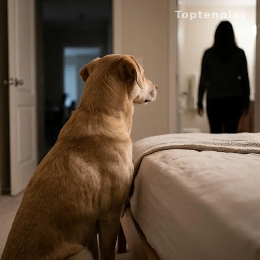 Chien assis au bord d'un lit regardant son propriétaire, lien de confiance