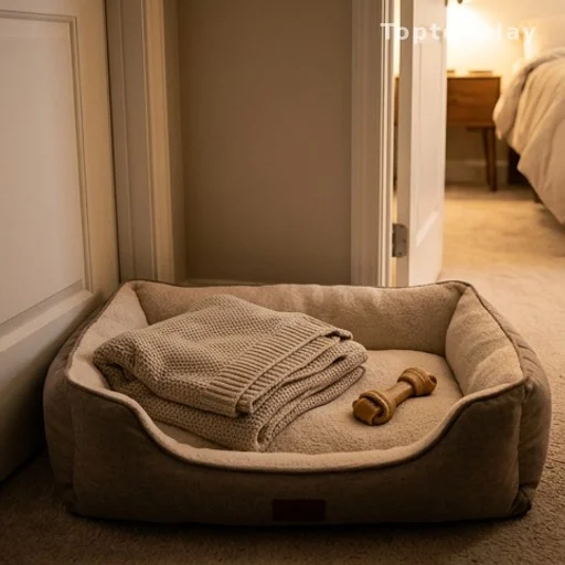 Panier confortable pour chien installé près d'une chambre, alternative au lit