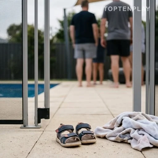 Sandales d’enfant près d’un portillon de sécurité piscine