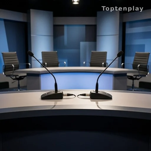 Plateau de télévision avec micros pour émission politique présidentielle 2027