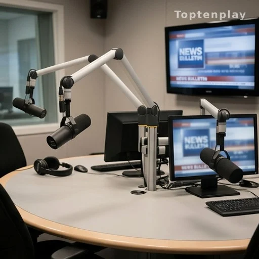 Studio radio et écran télévision illustrant la coopération audiovisuel public