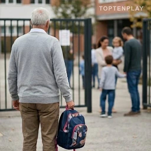 Grand-parent de dos devant une école le mercredi