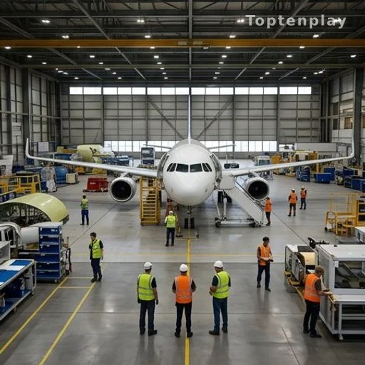 Hangar d'assemblage aéronautique à Toulouse lors de négociations commerciales avec Airbus