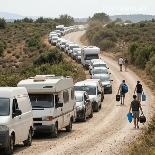 File de véhicules près d’une propriété privée