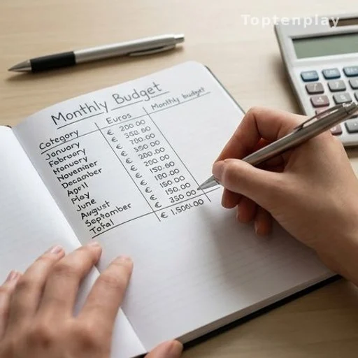 Main écrivant un budget mensuel détaillé dans un carnet avec des montants en euros