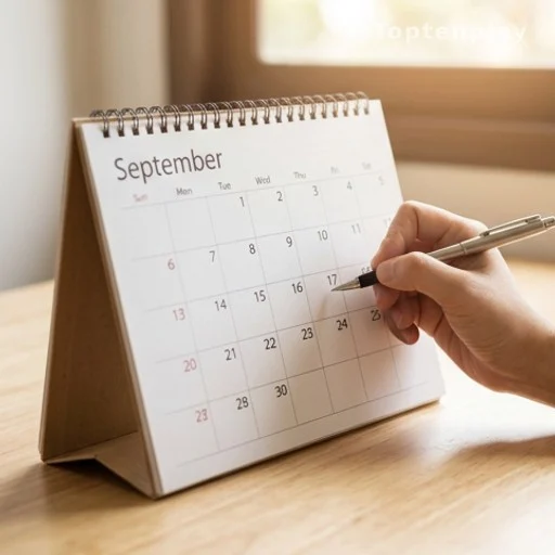 Calendrier ouvert sur septembre 2026 avec une date entourée pour un départ en retraite
