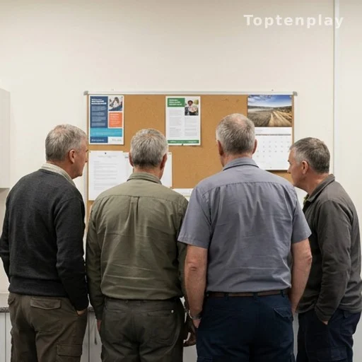 Travailleurs en fin de carrière consultant un affichage sur les droits à la retraite anticipée