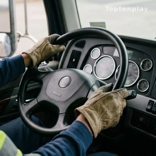 Mains de chauffeur routier sur le volant, pénibilité du métier de transport