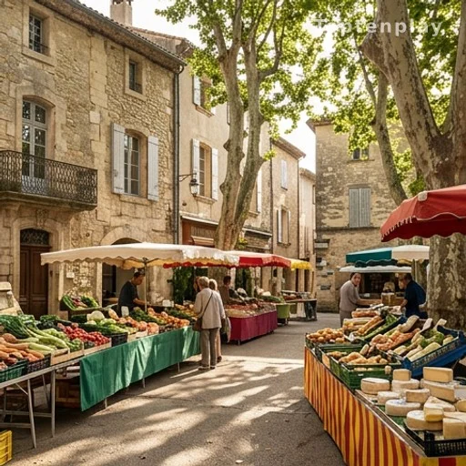 Marché provençal sous les platanes dans une ville médiévale du Gard