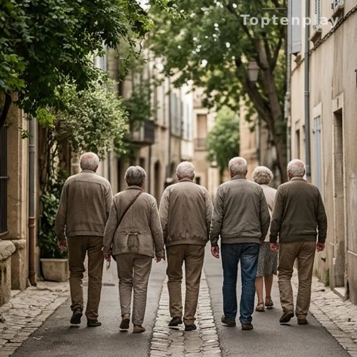 Seniors se promenant dans une rue piétonne ensoleillée du sud de la France
