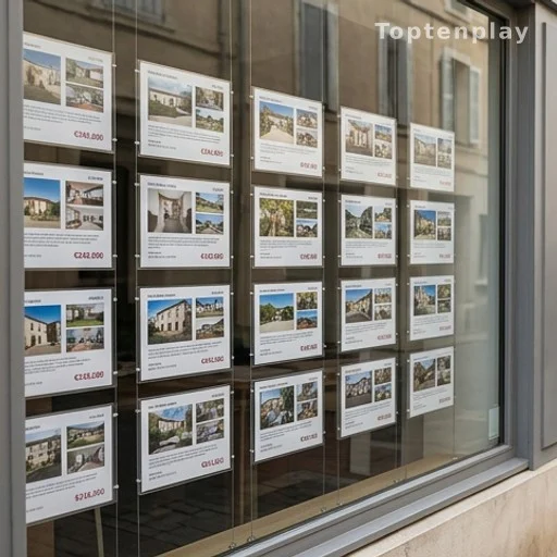 Vitrine d'agence immobilière avec annonces de prix au mètre carré dans le sud de la France