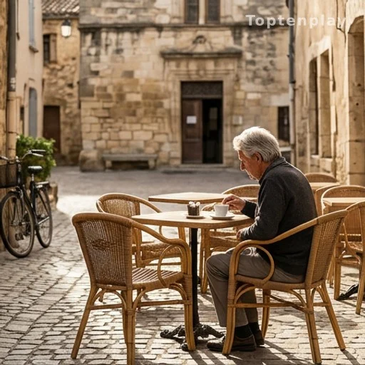 Retraité attablé en terrasse dans une ville du sud de la France avec budget maîtrisé