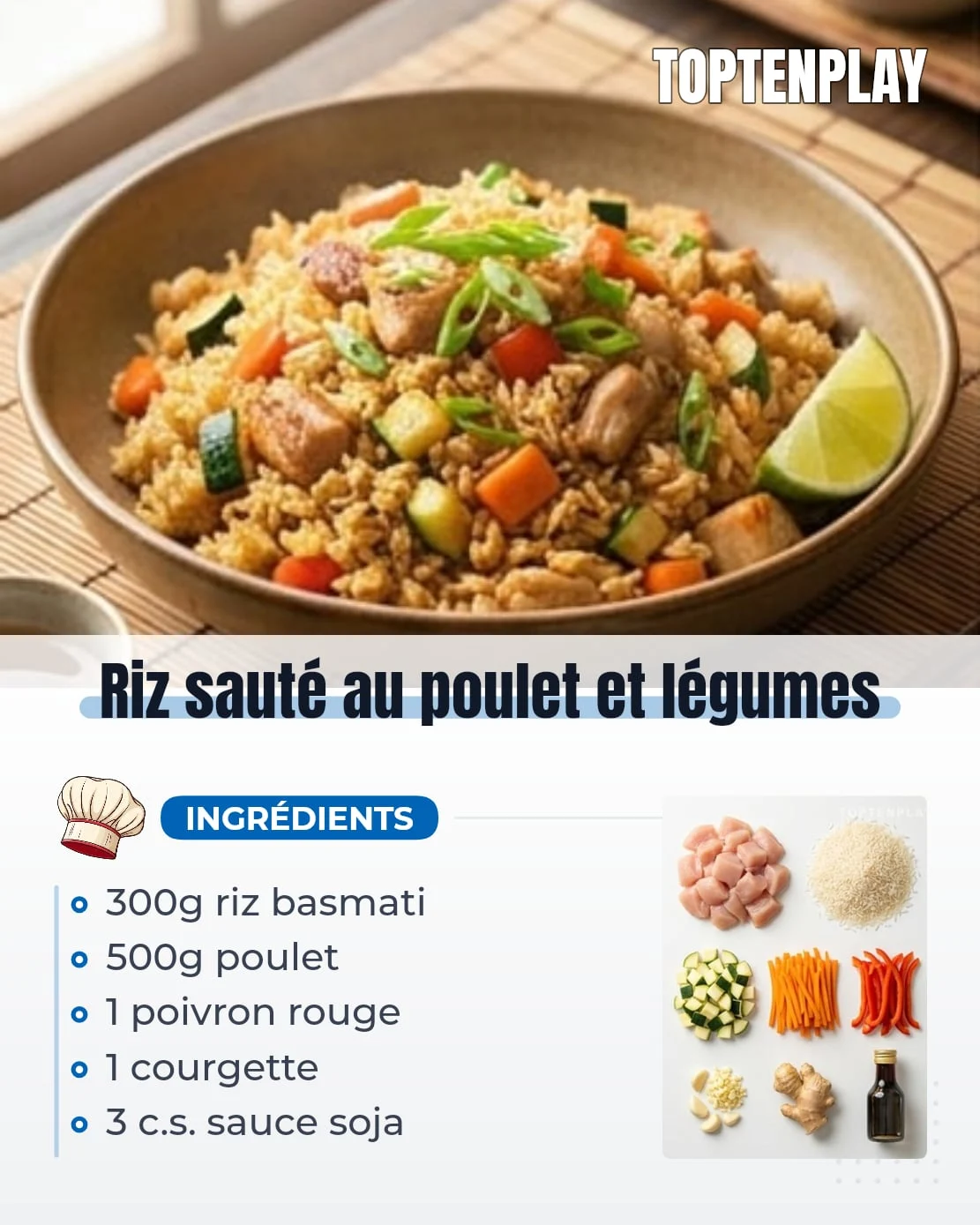 Riz sauté au poulet et légumes