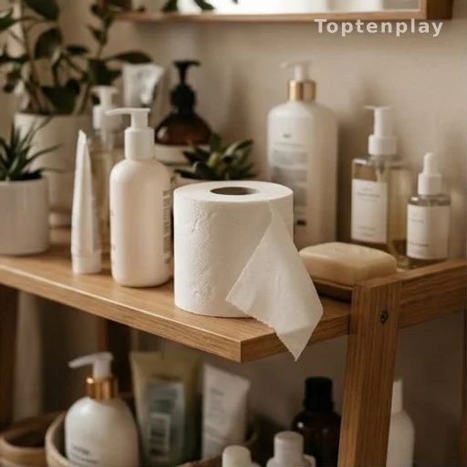 Étagère de salle de bain avec rouleau de papier toilette et accessoires du quotidien
