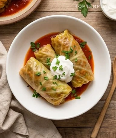 Rouleaux de Chou Farcis à la Sauce Tomate
