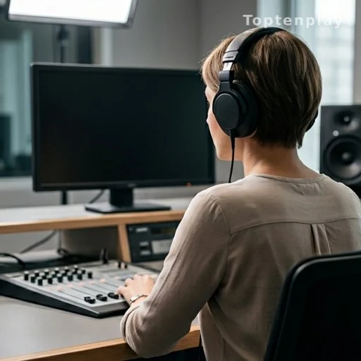 Journaliste de dos en studio radio avec casque audio