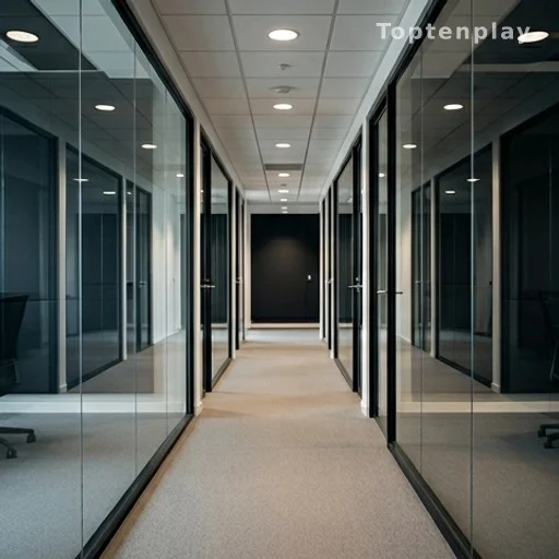 Couloir de station radio avec studios vitrés en arrière-plan