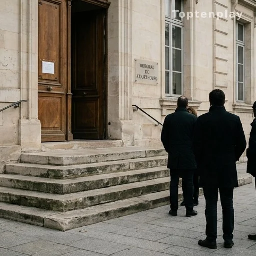 Entrée d'un tribunal correctionnel français lors d'un procès pour cyberharcèlement