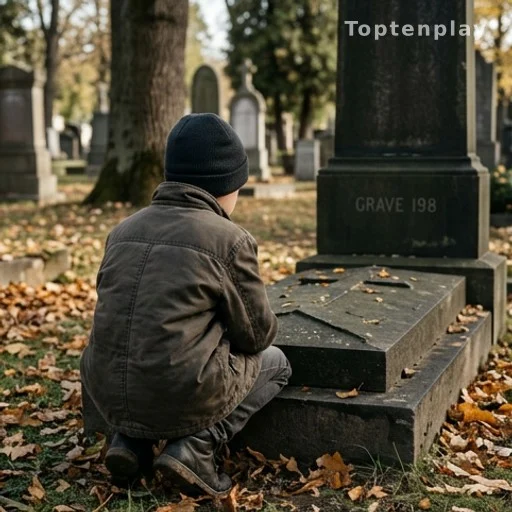 Enfant de dos agenouillé devant une tombe dans un cimetière