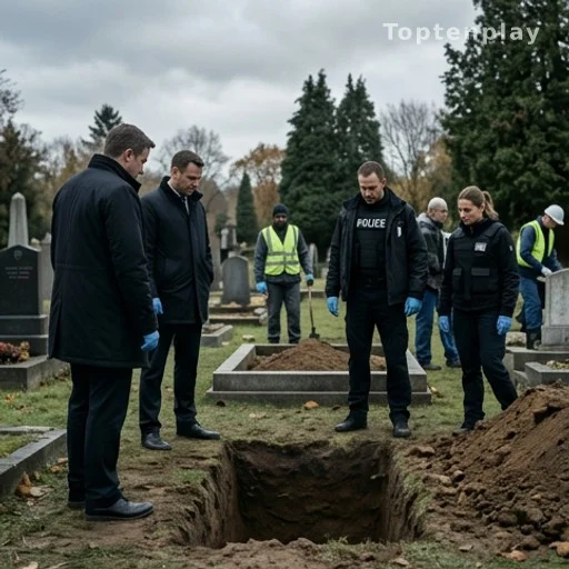 Enquêteurs autour d'une tombe ouverte lors d'une exhumation judiciaire