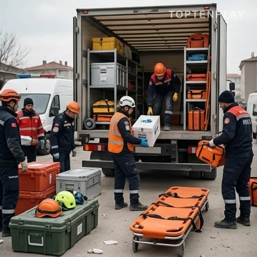 Équipes de secours avec matériel médical et d’urgence