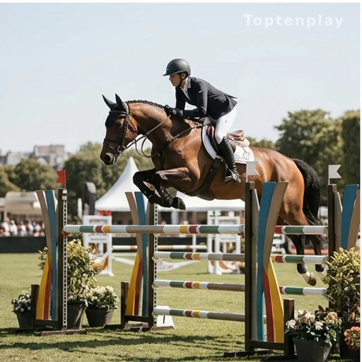 Cavalier en tenue équestre franchissant un obstacle lors d'un concours de saut