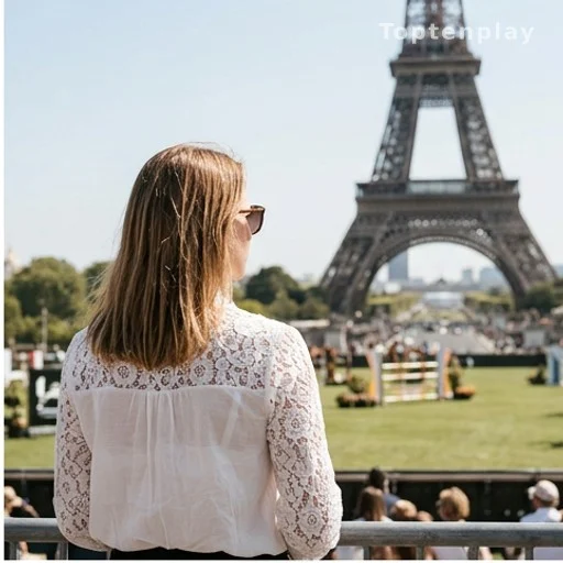 Femme en blouse blanche et lunettes noires lors d'un événement équestre à Paris