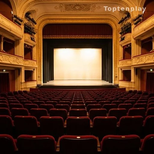 Salle d'opéra vide avec scène éclairée, mise en scène spectacle vivant