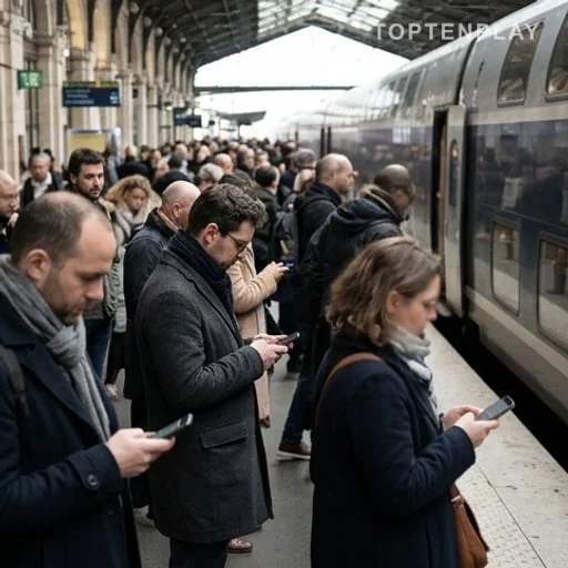 Usagers consultant leur téléphone après le débat SNCF