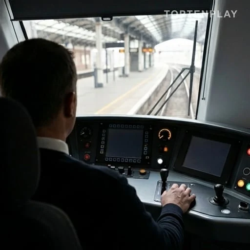 Conducteur de train vu de dos en cabine