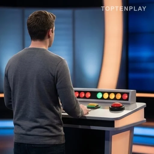Candidat anonyme devant un pupitre de quiz