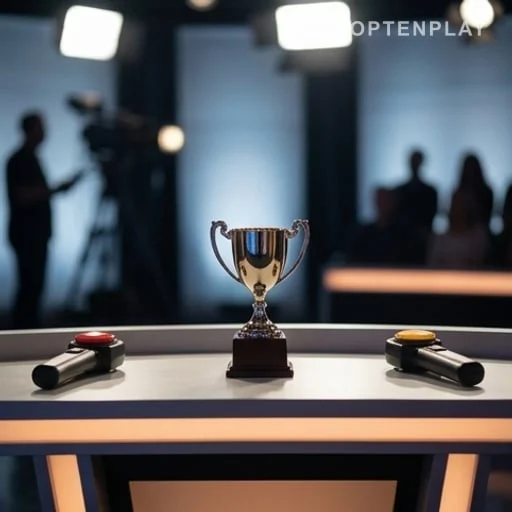 Trophée posé sur une table de quiz télévisé