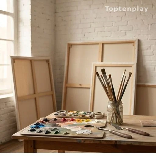 Atelier de peinture avec toiles et pinceaux, transmission artistique familiale