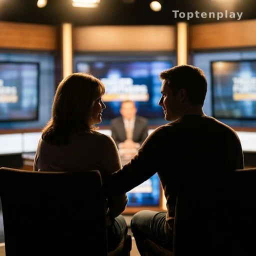 Mère et fils assis ensemble sur un plateau de télévision, vus de dos