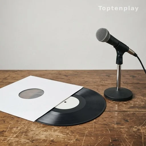 Album musical et microphone sur une table, promotion d'un album d'adieu scénique