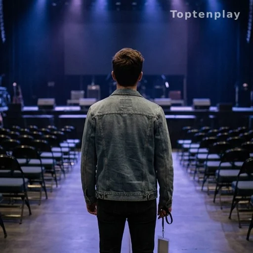 Jeune artiste de dos face à une scène de concert vide, début de carrière musicale