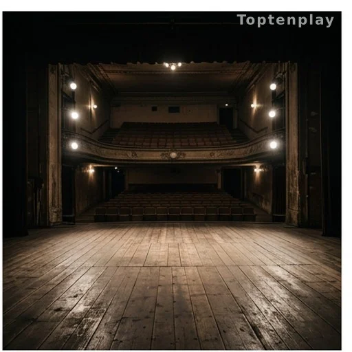 Scène de théâtre classique vide avec projecteurs, évoquant les débuts de Tchéky Karyo sur les planches