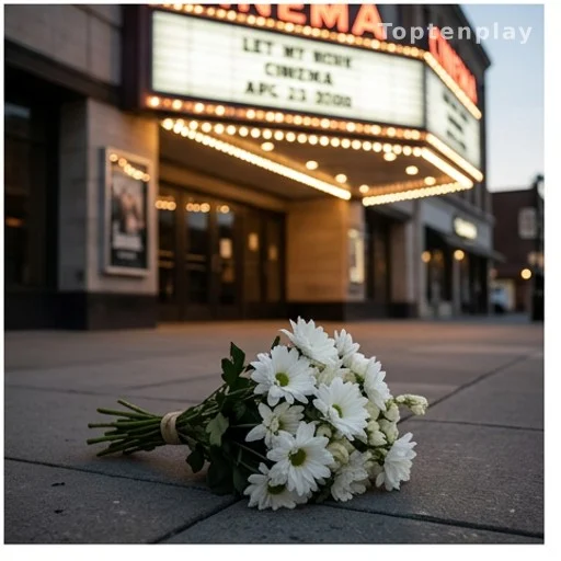 Fleurs blanches déposées devant une salle de cinéma en hommage à un acteur disparu