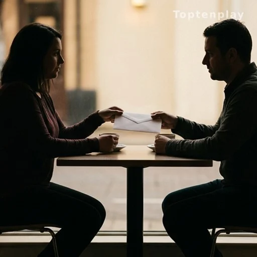 Deux silhouettes face à face autour d'une table, échange tendu