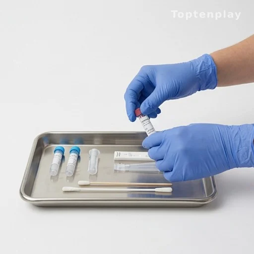 Kit de test ADN prénatal sur plateau médical, mains gantées