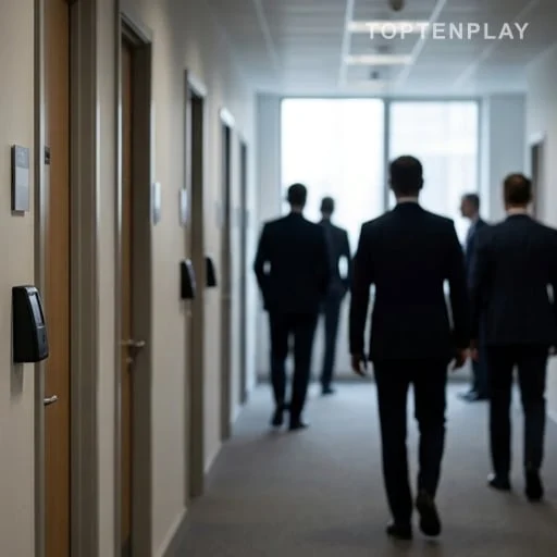 Silhouettes de hauts fonctionnaires dans un couloir administratif