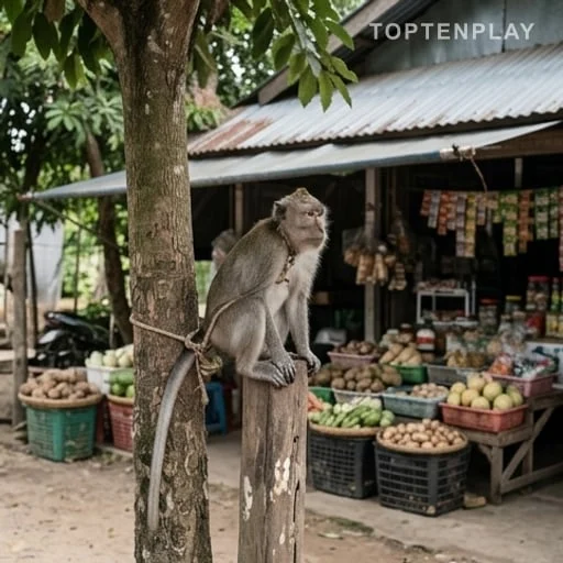 Macaque attaché près d’une épicerie familiale