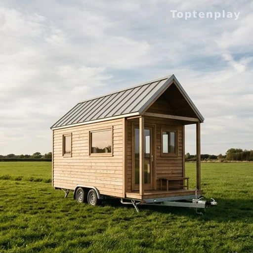 Tiny house en bois sur roues de 2,40 m de large dans un champ