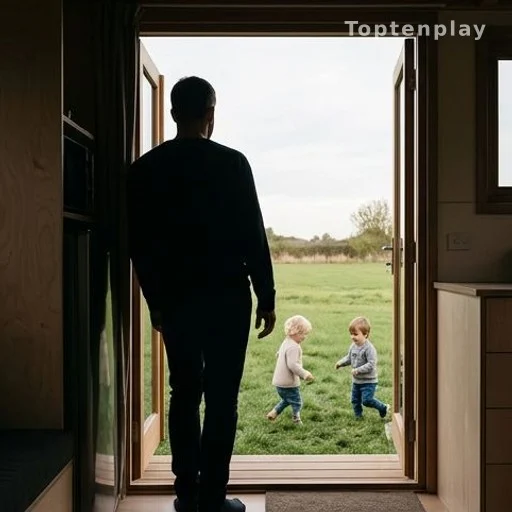 Silhouette d'un parent et enfants devant une tiny house habitat alternatif