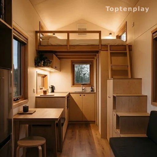Intérieur compact d'une tiny house avec rangements intégrés et mezzanine