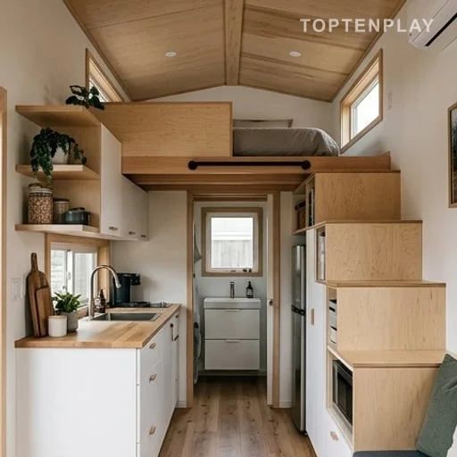 Intérieur compact avec isolation et rangements de tiny house