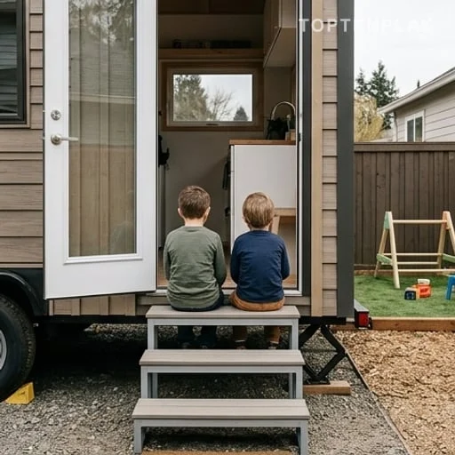Enfants de dos devant une tiny house familiale