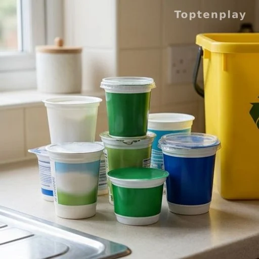 Pots de yaourt en plastique posés près d'une poubelle jaune de tri sélectif