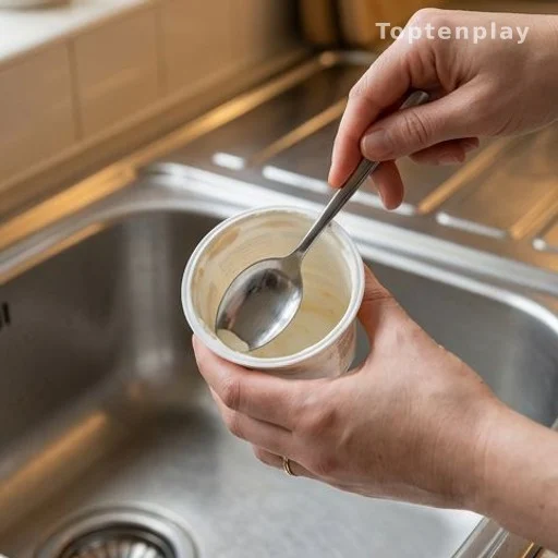 Main vidant un pot de yaourt avec une cuillère avant le recyclage